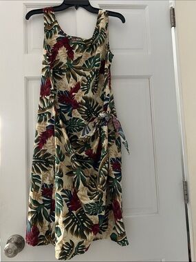 Hawaiian Floral Tie-Waist Sundress in Beige with Green & Red Leaves